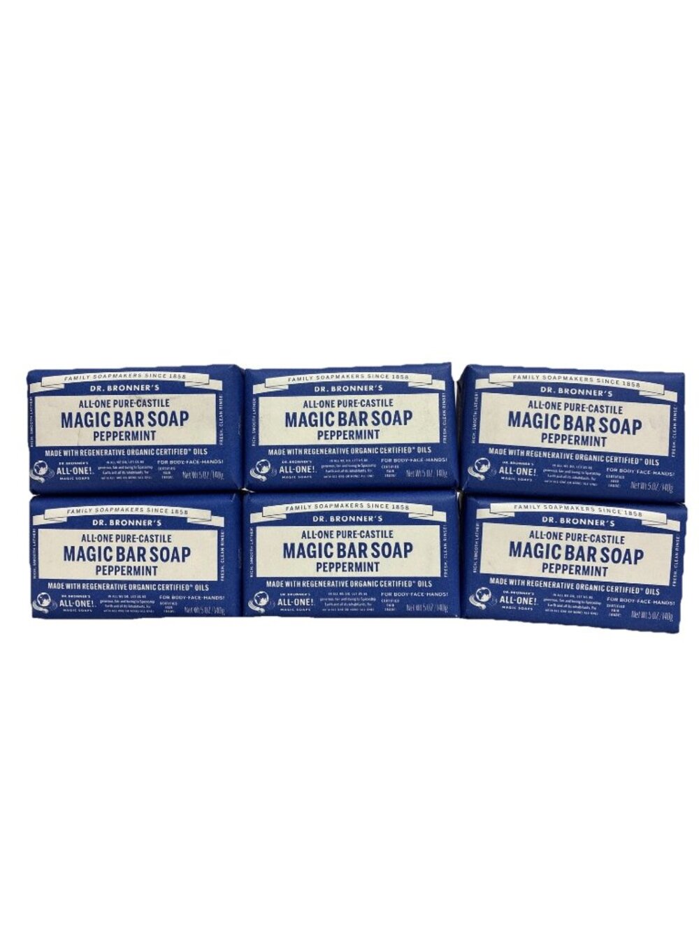 DR Bronners All One Pure Castile Magic Bar Soap, Six Pack Peppermint Natural ￼